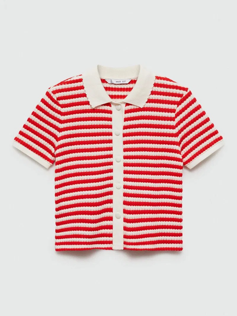 Mng Mango Coco Red Cream Striped Knit Polo Top M